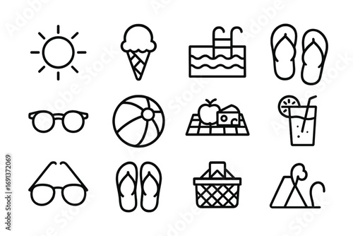 Seasonal Camp Icons. Outline icon set of seasonal camp fun: sun, ice cream, swimming pool, flip-flops,