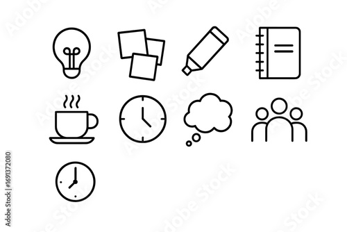 Brainstorming Icon Set. Outline icon set of brainstorming session: light bulb, sticky notes, marker, notebook,
