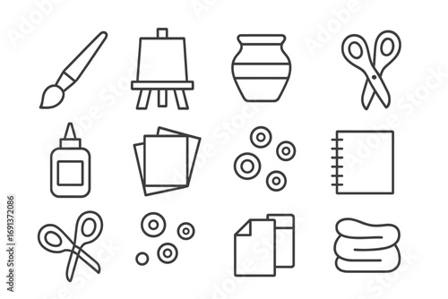 Art Supplies Icons. Outline icon set of arts and crafts: paintbrush, easel, clay pot, scissors, glue, colored
