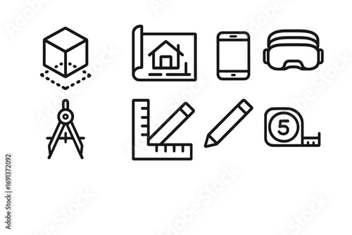 Innovation Tools Icons. Outline icon set of innovation tools: 3D model, blueprint, tablet, VR headset, compass