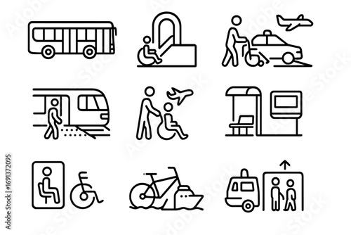 Inclusive Transportation Icons. Outline icon set of inclusive transportation: low-floor bus, accessible subway entrance,