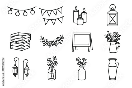 Vintage Decoration Icons. Outline icon set of vintage decorations: string lights, bunting flags, candles,
