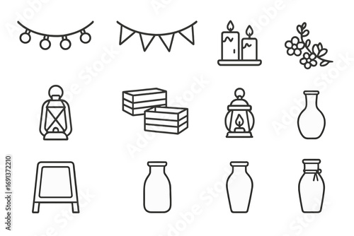 Vintage Decoration Icons. Outline icon set of vintage decorations: string lights, bunting flags, candles,