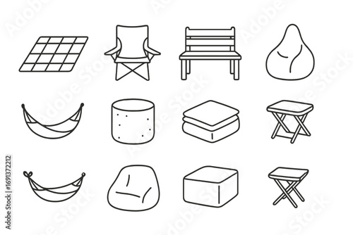 Outdoor Seating Icons. Outline icon set of outdoor seating: picnic blanket, foldable chair, wooden bench, bean