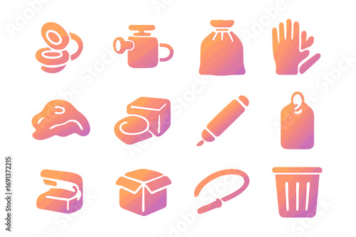 Inflatable Icons Collection. Gradient icons set of disassembling inflatable decorations: deflation valve, air pump, storage bag,