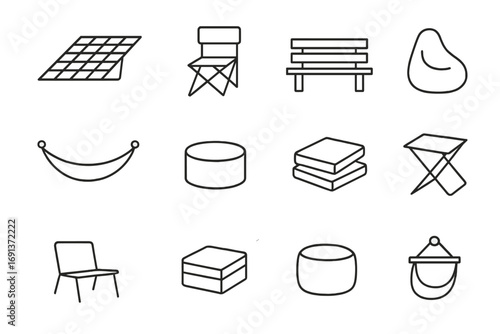Outdoor Seating Icons. Outline icon set of outdoor seating: picnic blanket, foldable chair, wooden bench, bean