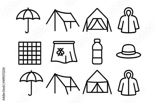 Picnic Protection Icons. Outline icon set of picnic protection items: umbrella, sunshade, picnic tent,