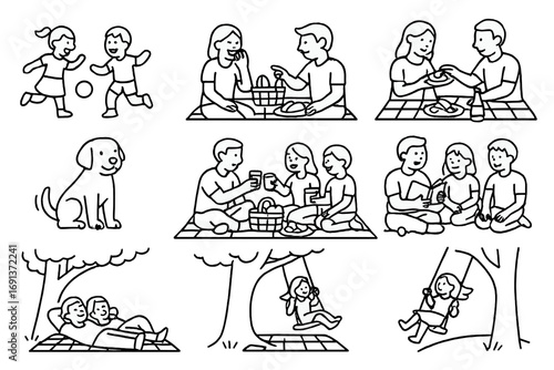 Family Picnic Icon Set. Outline icon set of family picnic moments: children playing, friends laughing, couple
