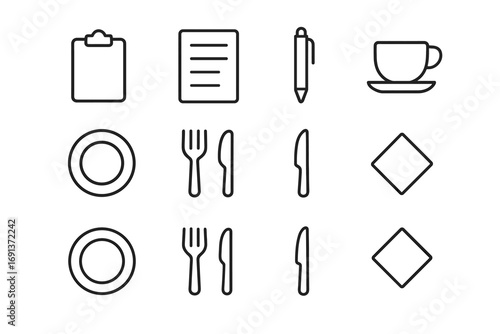 Menu Icon Set. Outline icon set of menu mockup on clipboard: clipboard, paper menu, pen, coffee cup, plate,
