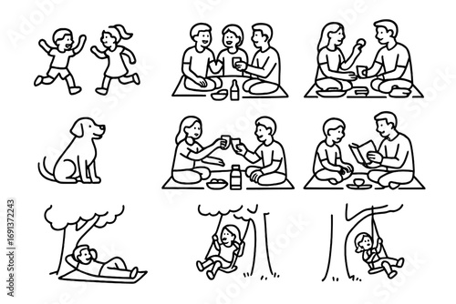 Family Picnic Icon Set. Outline icon set of family picnic moments: children playing, friends laughing, couple