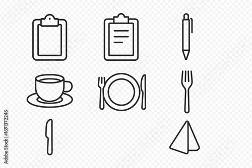 Menu Icon Set. Outline icon set of menu mockup on clipboard: clipboard, paper menu, pen, coffee cup, plate,
