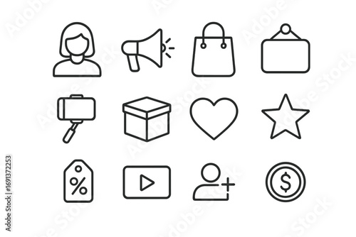 Influencer Marketing Icons. Outline icon set of influencer marketing: influencer avatar, megaphone, shopping bag, sponsored tag,