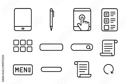 Digital Menu Icons. Outline icon set of digital menu elements: tablet, stylus, touch screen, menu app, icon