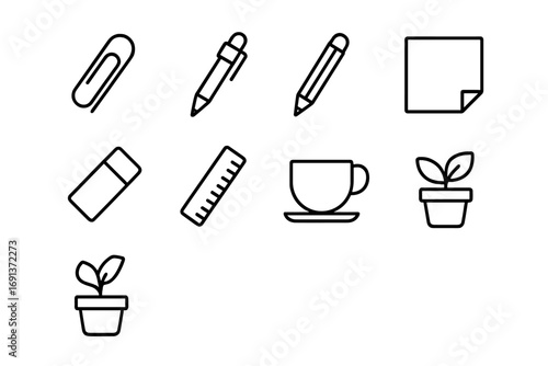 Minimalist Office Icons. Outline icon set of menu mockup accessories: clip, pen, pencil, sticky note, eraser,