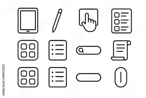 Digital Menu Icons. Outline icon set of digital menu elements: tablet, stylus, touch screen, menu app, icon