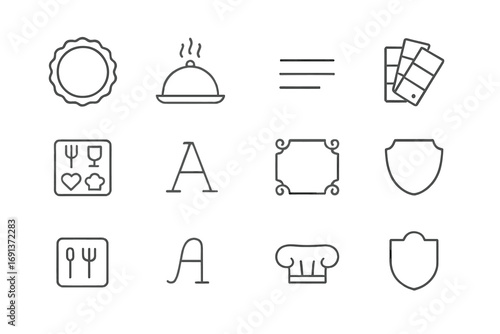 Iconic Menu Design. Outline icon set of menu branding elements: logo stamp, signature dish, tagline, color