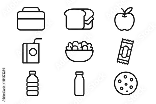 School Meal Icons. Outline icon set of school meals and snacks: lunchbox, sandwich, apple, juice box, salad,