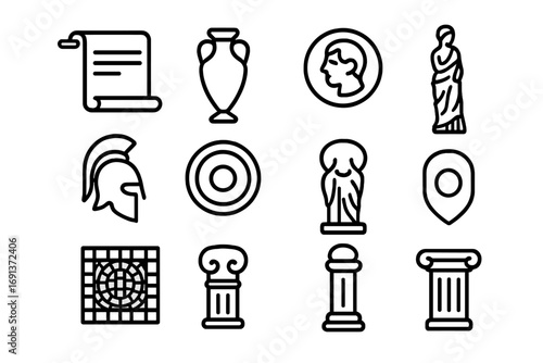 Mythology Artifact Icons. Outline icon set of ancient mythology artifacts: scroll, amphora, coin, statue,