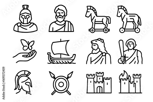 Epic Icon Set. Outline icon set of epic tales and legends: Iliad, Odyssey, Aeneid, Metamorphoses, Argonauts,