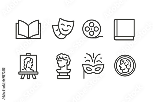 Mythology Influence Icons. Outline icon set of cultural influence of mythology: literature, theater mask, film