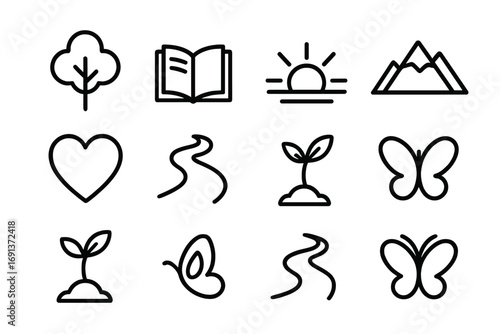 Personal Growth Icons. Outline icon set of Personal growth and gratitude: tree, book, sunrise, mountain, heart