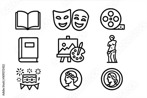 Mythology Influence Icons. Outline icon set of cultural influence of mythology: literature, theater mask, film
