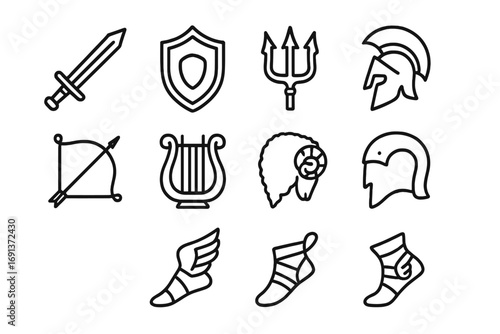 Mythical Weapons Icons. Outline icon set of mythological weapons and items: sword, shield, trident, helmet,