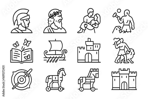 Epic Icon Set. Outline icon set of epic tales and legends: Iliad, Odyssey, Aeneid, Metamorphoses, Argonauts,