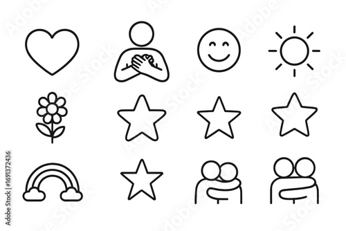 Gratitude Icon Set. Outline icon set of Gratitude and positive emotions: heart, hands over chest, smile, sun,
