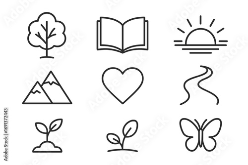Personal Growth Icons. Outline icon set of Personal growth and gratitude: tree, book, sunrise, mountain, heart