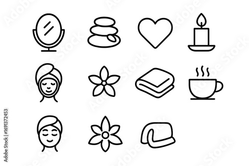 Self-Care Icons. Outline icon set of Self-love and care: mirror, spa stones, heart, candle, face mask, flower,