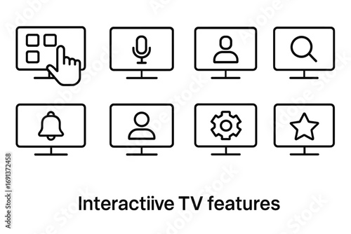 Interactive TV Icons. Outline icon set of Interactive TV features: touchscreen, voice command, app icons,