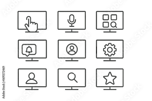 Interactive TV Icons. Outline icon set of Interactive TV features: touchscreen, voice command, app icons,