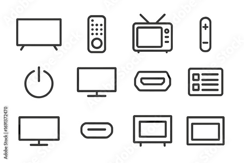 Television Icons Grid. Outline icon set of Television screens and displays: flat screen, remote control,
