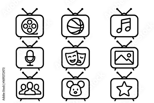 Television Genre Icons. Outline icon set of Television genres: movie reel, sports ball, music note, news