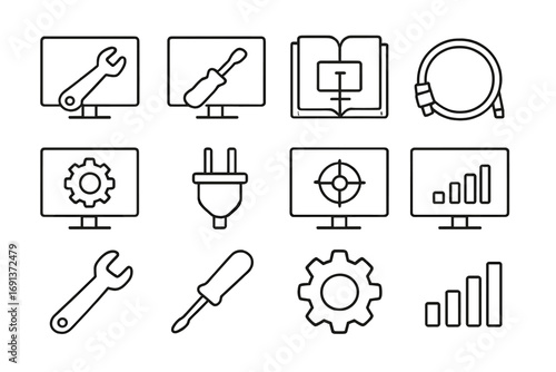 TV Setup Icon Set. Outline icon set of TV maintenance and setup: wrench, screwdriver, manual, cable, power