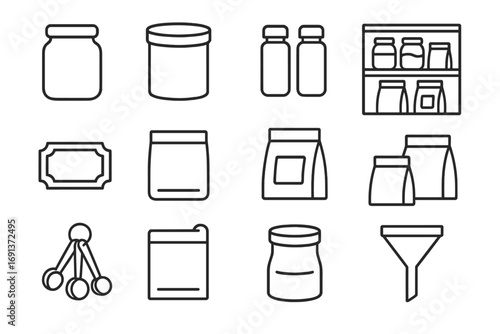 Baking Essentials Icons. Outline icon set of Baking ingredients storage: jars, containers, spice bottles,