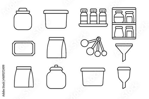 Baking Essentials Icons. Outline icon set of Baking ingredients storage: jars, containers, spice bottles,