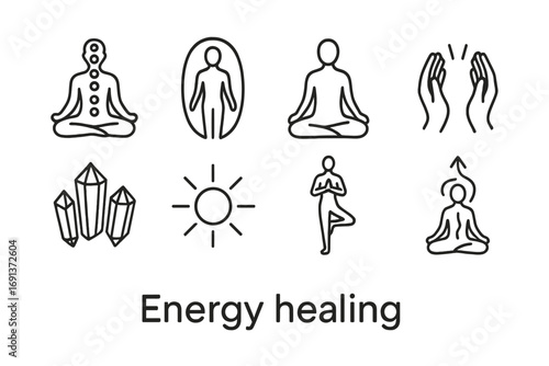 Energy Healing Icons. Outline icon set of Energy healing: chakras, aura, meditation pose, Reiki hands,