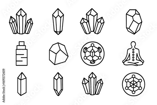 Crystal Healing Icons. Outline icon set of Crystal healing: quartz, amethyst, rose quartz, citrine, selenite,