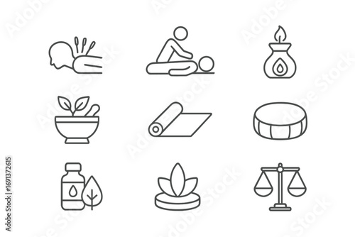 Holistic Wellness Icons. Outline icon set of Holistic wellness: acupuncture, massage, aromatherapy, herbal