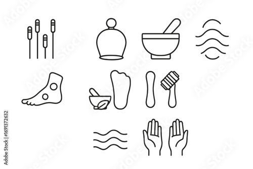 Alternative Therapy Icons. Outline icon set of Alternative therapies: acupuncture needles, cupping, sound