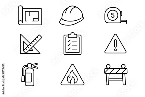 Building Code Icons. Outline icon set of Building code checklist: blueprint, safety helmet, measuring tape,