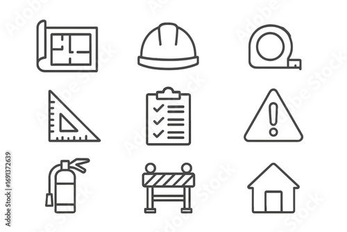 Building Code Icons. Outline icon set of Building code checklist: blueprint, safety helmet, measuring tape,