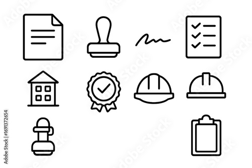 Construction Permit Icons. Outline icon set of Construction permits: permit document, stamp, signature,