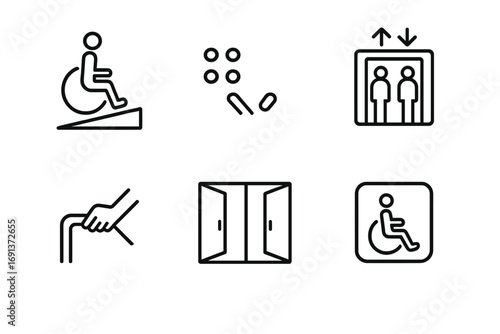 Accessibility Icon Set. Outline icon set of Accessibility requirements: wheelchair ramp, braille sign,