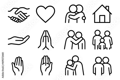 Family Support Icons. Outline icon set of Family support in tough times: holding hands, heart symbol, hug,