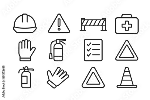 Safety Inspection Icons. Outline icon set of Safety inspections: hard hat, caution sign, hazard tape, first