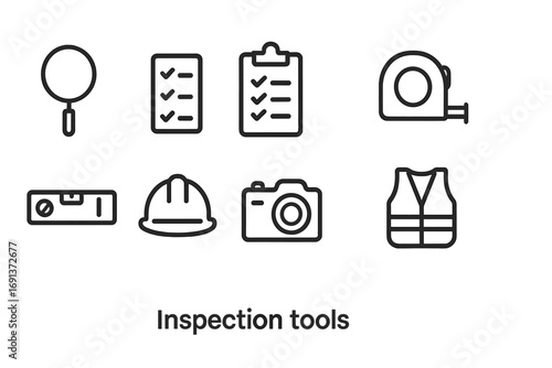 Inspection Tools Icons. Outline icon set of Inspection tools: magnifying glass, checklist, clipboard,