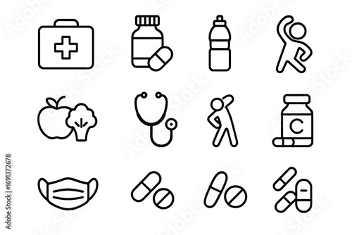 Physical Care Icons. Outline icon set of Physical care: first aid kit, medicine, water bottle, healthy food,